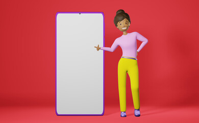 Smiling African American girl smartphone sale mockup 3D rendering app UI UX design. Character woman gadget white screen.