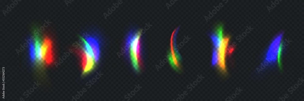 Poster vector set of vibrant prism light effects. rainbow colored magic glowing overlays. decorative abstra