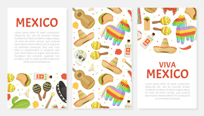 Mexican Cartoon Card Design with Pinata and Sombrero Hat Vector Template