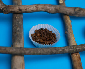 fragrant coffee beans are poured in a cupcake mold on a bright blue background, surrounded by...