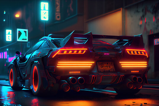 Sports Cyberpunk Futuristic Car On A Neon Cyberpunk Background In The Style Of The 80s. Generative Ai	