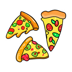 Pizza slice with dripping cheese. A slice of Italian pizza on a white background.Vector Illustration.