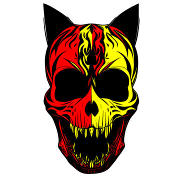 cat skeleton clipart red and yellow, hand drawn vector picture