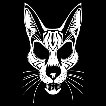 Cat skeleton for t shirt print black and white, hand drawn vector picture