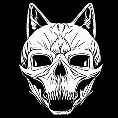 cat skull line drawing black and white, hand drawn vector picture