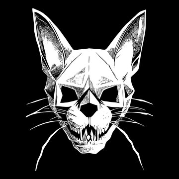 cat skull line drawing black and white, hand drawn vector picture