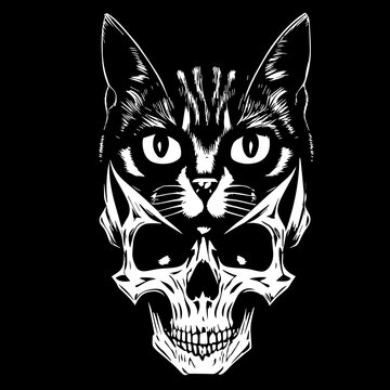 cat skull shirt print black and white, hand drawn vector picture