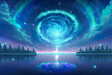 Fototapeta premium space, world, earth, light, northern, aurora borealis, vortex, landscape, winter, night, cold, season, illustration, backgrounds, space, energy, fantasy, blue, power, water, concept, motion, digital, 
