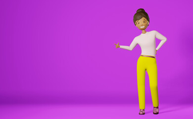 Smiling African American girl finger points empty space for advertisement design neon purple background 3D rendering. Cartoon multiethnic character young woman pointing hand copy space. Sale template