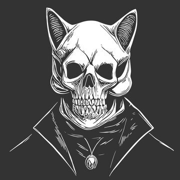 cat skeleton black and white, hand drawn vector picture