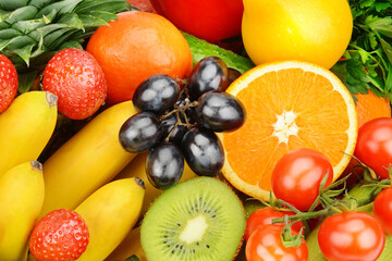 Beautiful bright background from vegetables and fruits.