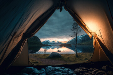 A beautiful photograph of the stunning landscape of Norway, as seen from inside a tent. The perspective from inside the tent adds a sense of coziness and serenity to the image.  - obrazy, fototapety, plakaty