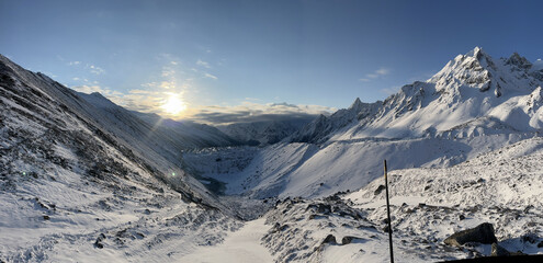 Morning Sunrise panaroma view in Manaslu, Larke Pass 5106m, Manaslu Circuit Trek