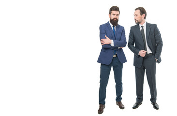 Boss and employee. Education for business. Successful entrepreneurship. Respect and reputation. Business team. Business meeting. Collaboration and teamwork. Bearded businessmen in formal clothes