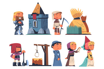 People from Middle Ages with Knight, Headsman, Peasant and Priest Vector Set