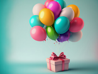 ai generative colorful illustration of party balloons bound on a pink present, copy space