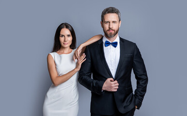 studio shot of formalwear tuxedo couple. elegant couple wear formalwear tuxedo.