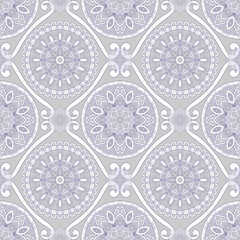Seamless floral pattern-193. White swirl mandalas, boho style, grey background.