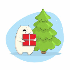 Christmas childrens illustration of new year cute bear with christmas tree and gift