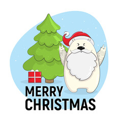 Fototapeta na wymiar Christmas childrens illustration of new year cute bear santa with christmas tree and gift