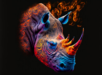Rhinoceros, the head of a rhinoceros in a multi-colored flame. Abstract multicolored profile portrait of a head of a hornet on a black background. - obrazy, fototapety, plakaty
