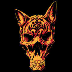 cat skull line art yellow and red, hand drawn vector picture