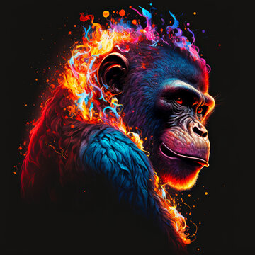 Monkey, monkey head in colorful flames. Abstract multicolored profile portrait of a monkey head on a black background.