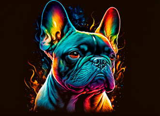 French bulldog in colorful flames. Abstract multicolored profile portrait of a French Bulldog's head on a black background.
