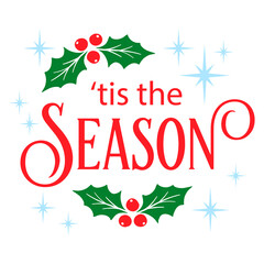 Vector Christmas illustration tis the Season with holly berry and stars. Winter Xmas greeting card design, home decoration, pillow case, t shirt print. Festive vintage Christmas poster.