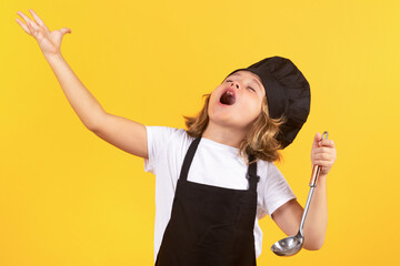 Funny kid chef cook with kitchen ladle, studio portrait. Child in cook uniform. Chef kid isolated...