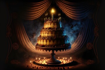 Holiday cake of darkness with candles. Fantasy. AI