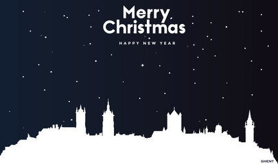 Christmas and New year dark blue greeting card with white panorama of Ghent