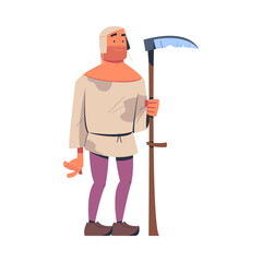 Man Farmer and Peasant Standing with Scythe as Character from Middle Ages Vector Illustration