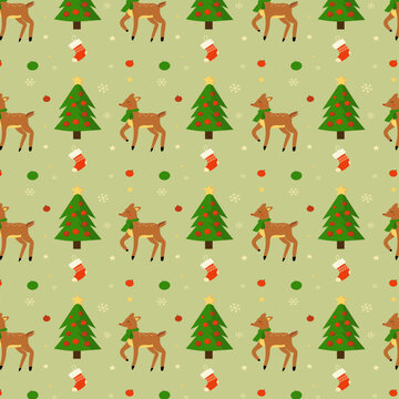 Christmas seamless pattern deer, tree and socks