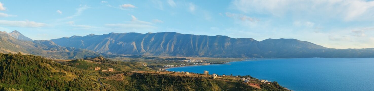 Adriatic sea evening coastline top view (near Orikum, Albania).