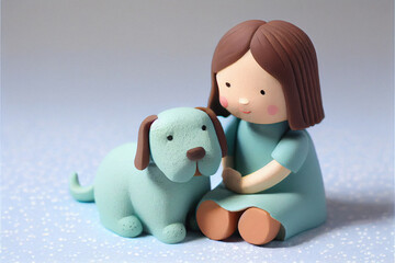 A cute smiling little girl in a dress sitting with her dog. Modeling clay (plasticine) figurines on a blue background.