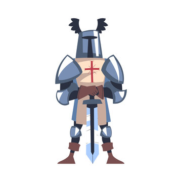 Knight from Middle Ages in Iron Armour Suit Holding Sharp Sword Vector Illustration