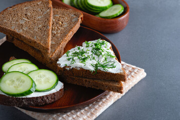Sandwich with cottage cheese, cucumber and dill. Copy space