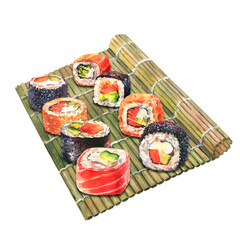 Watercolor hand painting illustration of wooden carpet, bamboo sushi mat with set of sushi rolls. Maki philadelphia, unagi maki.