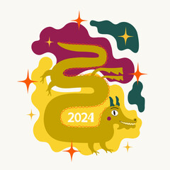 Vector illustration with flying green dragon, stars and abstract splashes. Chinese New Year 2024 symbol, year of the dragon, abstract print poster