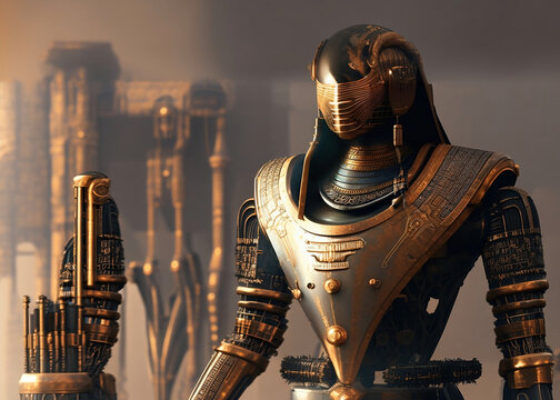 closeup of detailed futuristic egyptian robot like god Horus in black gold armor holding weapon some futuristic sity buildings in back, generative AI