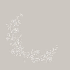 Floral flowers frames.  Botanical clip art. Wildflowers wreath skethc.Vector  line drawn leaves and branches frames. Template for wedding invitation