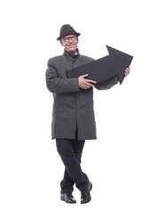 intelligent man in a hat pointing in the direction.