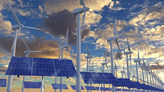 Energy farm with alternative renewable power sources. Huge amount of the solar panel cells and wind mill turbine generators. Innovative industry energy farm for green power generation, 3d render loop.