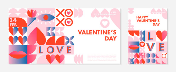 Bundle of Valentines Day greeting banners templates.Romantic vector layouts in bauhaus style with geometric elements and symbols.Modern trendy designs for banners,invitations,prints,promo offers.