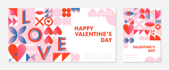 Bundle of Valentines Day greeting banners templates.Romantic vector layouts in bauhaus style with geometric elements and symbols.Modern trendy designs for banners,invitations,prints,promo offers.