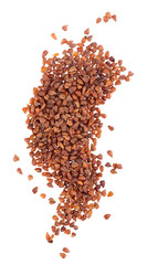 Buckwheat tea isolated on white background. Whole roasted buckwheat grains. Fagopyrum tataricum. Top view.