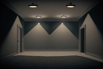 An empty room has a dark gray wall and a row of spotlights. Generative AI