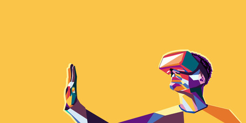 Vector illustration of a man wearing virtual reality glasses. The concept of modern technology. In modern art style.