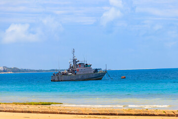 Warship anchored in the Indian ocean near Zanzibar, Tanzania